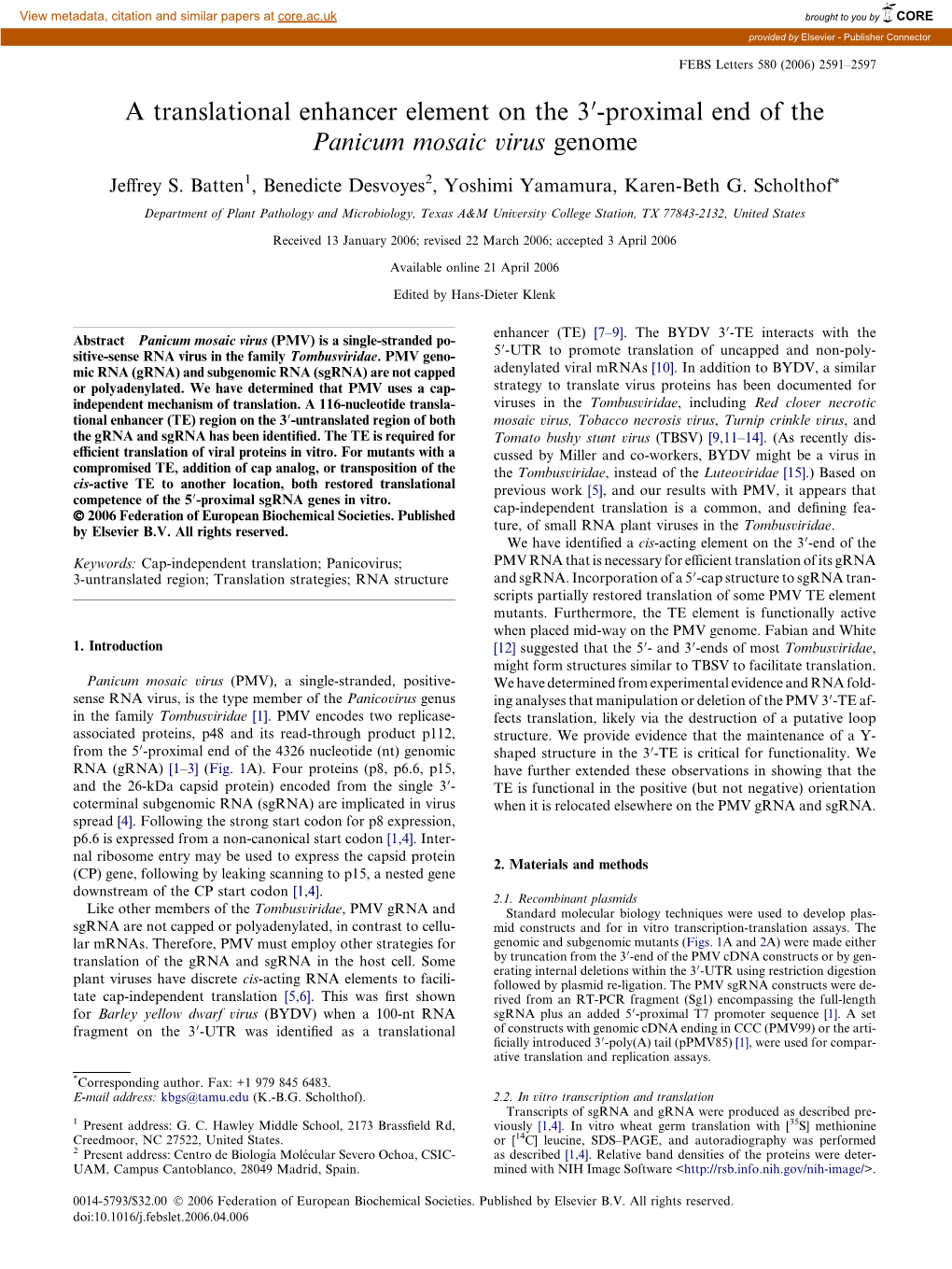 A Translational Enhancer Element on the 30-Proximal End of the Panicum Mosaic Virus Genome