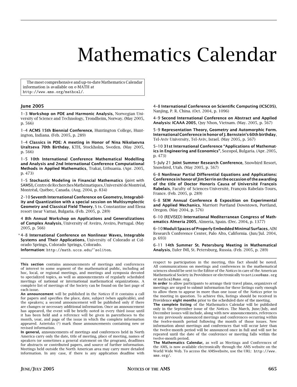 Mathematics Calendar