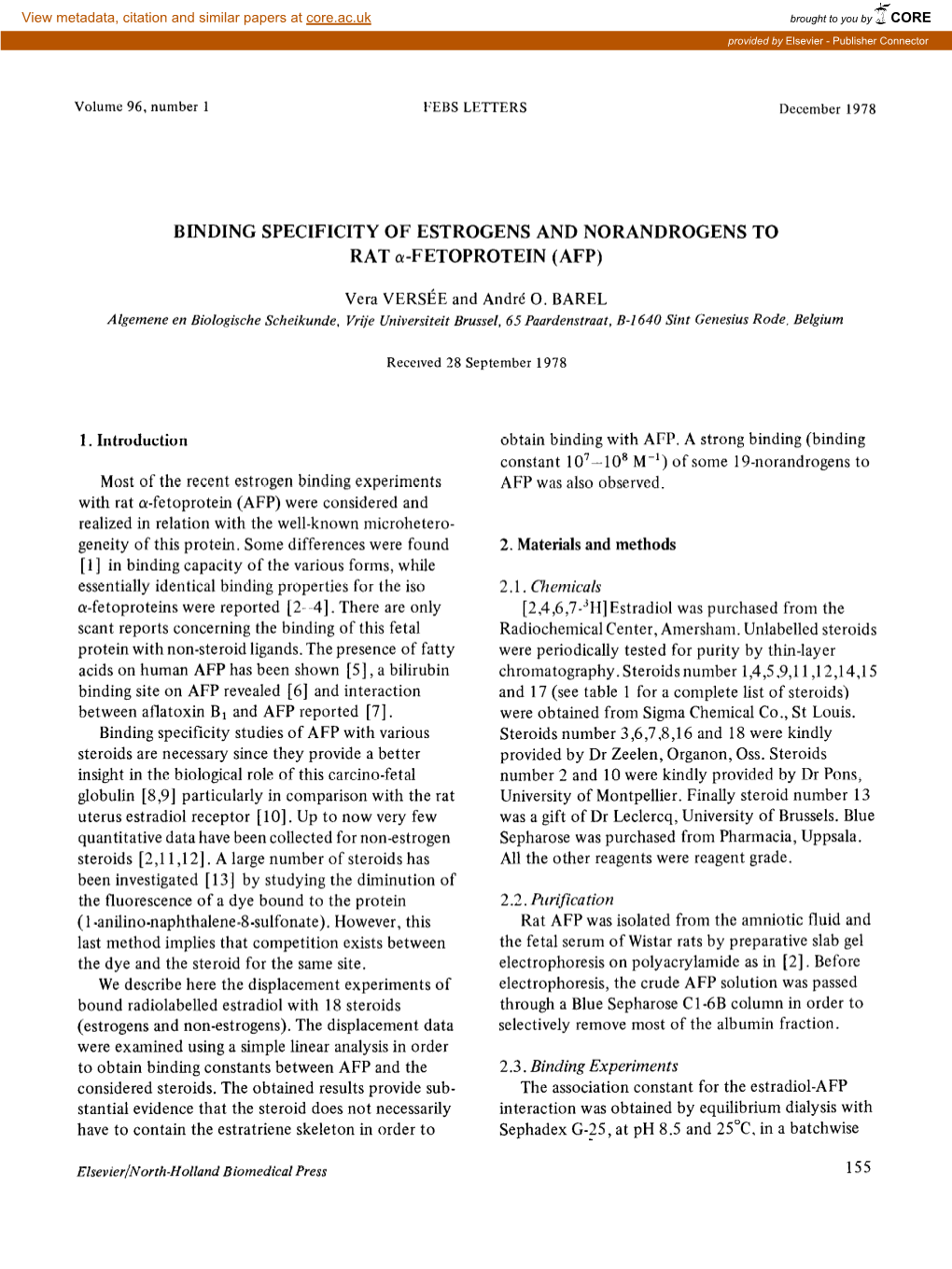 BINDING SPECIFICITY of ESTROGENS and NORANDROGENS to RAT A-FETOPROTEIN (AFP)