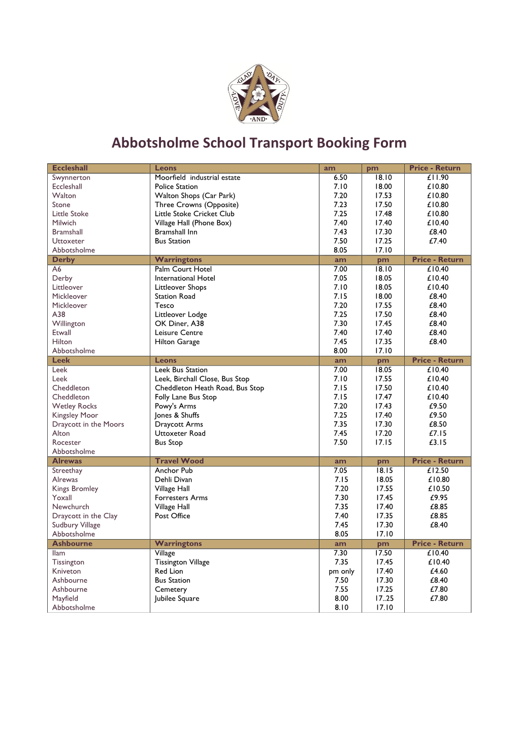 Abbotsholme School Transport Booking Form