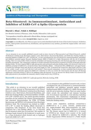 Beta-Sitosterol: As Immunostimulant, Antioxidant and Inhibitor of SARS-Cov-2 Spike Glycoprotein