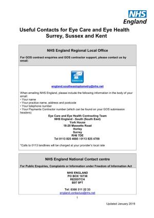 Useful Contacts for Eye Care and Eye Health Surrey, Sussex and Kent