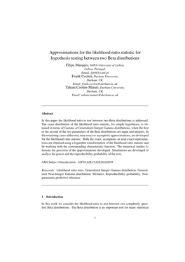 Approximations for the Likelihood Ratio Statistic for Hypothesis Testing Between Two Beta Distributions