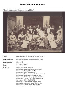 "Basel Missionaries in Hongkong During 1900. "