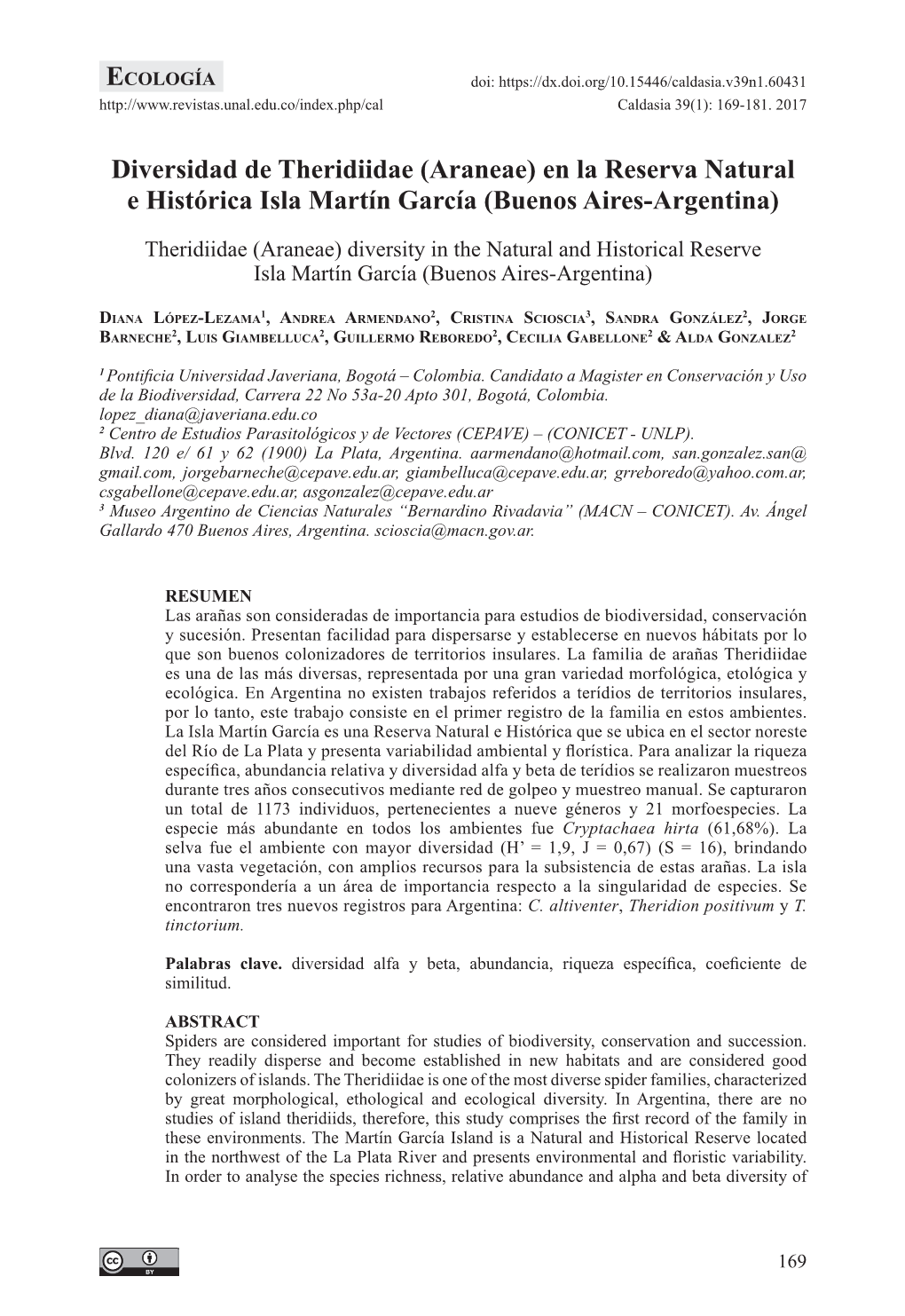 Diversidad De Theridiidae (Araneae) En La Reserva Natural E Histórica Isla Martín García (Buenos Aires-Argentina)
