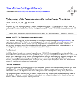 Hydrogeology of the Tusas Mountains, Rio Arriba County, New Mexico Finch, Steven T., Jr., 2011, Pp