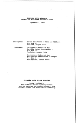 JOHN DAY RIVER SUBBASIN Salmon and Steelhead Production Plan September 1, 1990