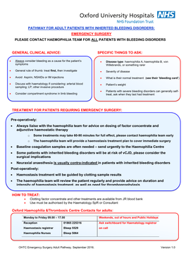 Pathway for Adult Patients with Inherited Bleeding Disorders: Emergency Surgery Please Contact Haemophilia Team for All Patients with Bleeding Disorders