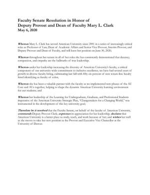 Faculty Senate Resolution in Honor of Deputy Provost and Dean of Faculty Mary L