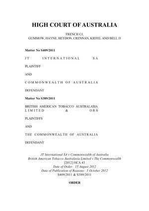 Order of the High Court of Australia (Tobacco Plain Packaging