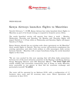 Kenya Airways Launches Flights to Mauritius