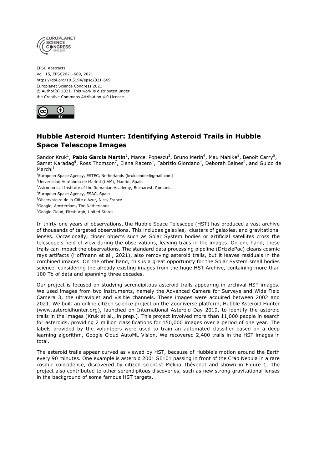 Hubble Asteroid Hunter: Identifying Asteroid Trails in Hubble Space Telescope Images