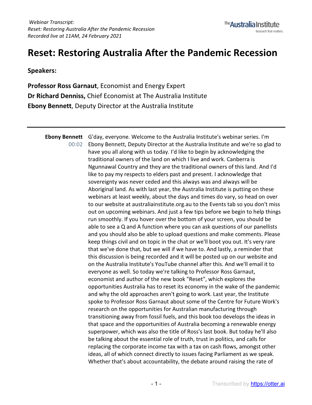 Reset: Restoring Australia After the Pandemic Recession Recorded Live at 11AM, 24 February 2021