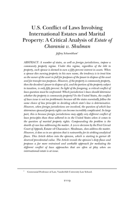 U.S. Conflict of Laws Involving International Estates and Marital Property: a Critical Analysis of Estate of Charania V. Shulman