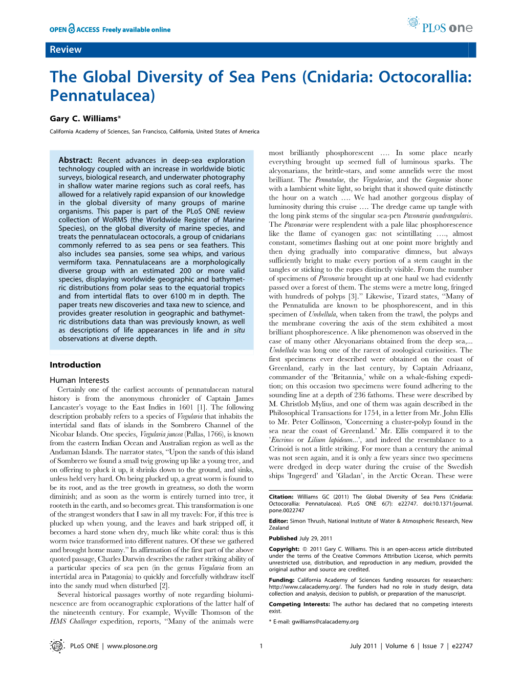 The Global Diversity of Sea Pens (Cnidaria: Octocorallia: Pennatulacea)