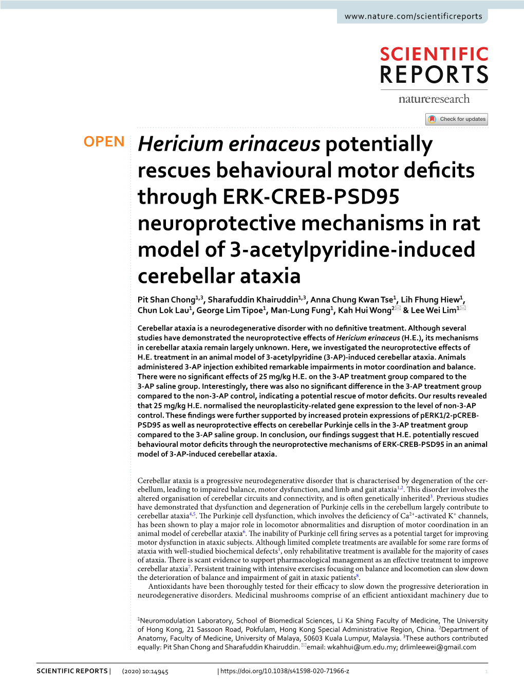 Hericium Erinaceus Potentially Rescues Behavioural Motor Deficits