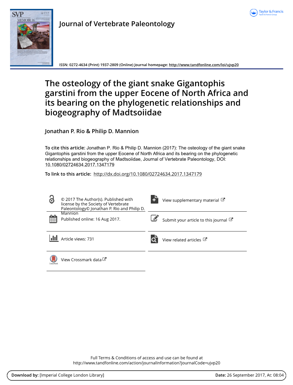 The Osteology of the Giant Snake Gigantophis Garstini from the Upper