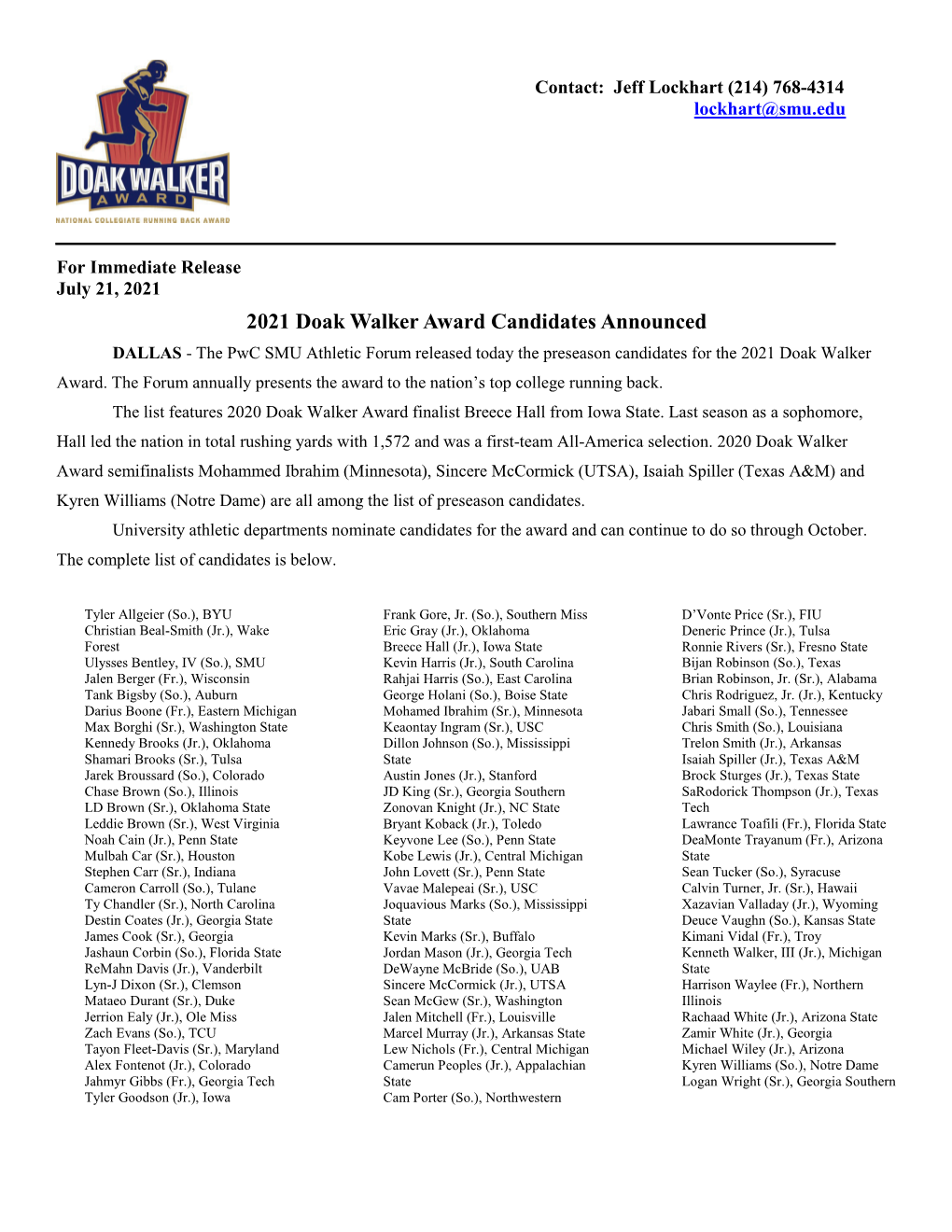 2021 Doak Walker Award Candidates Announced DALLAS - the Pwc SMU Athletic Forum Released Today the Preseason Candidates for the 2021 Doak Walker Award