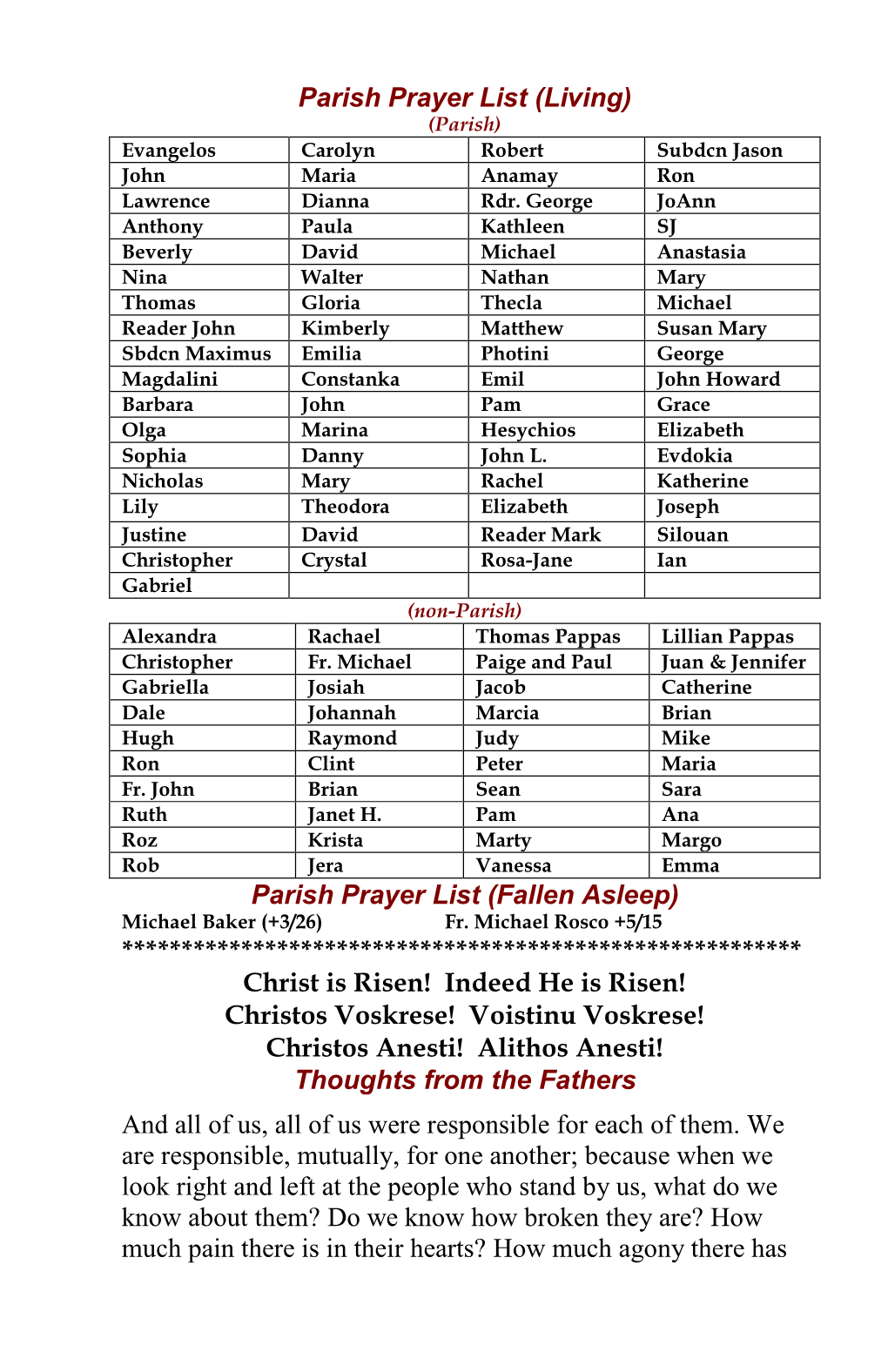 Parish Prayer List (Living) (Parish) Evangelos Carolyn Robert Subdcn Jason John Maria Anamay Ron Lawrence Dianna Rdr