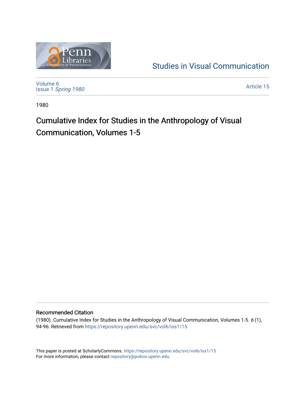 Cumulative Index for Studies in the Anthropology of Visual Communication, Volumes 1-5