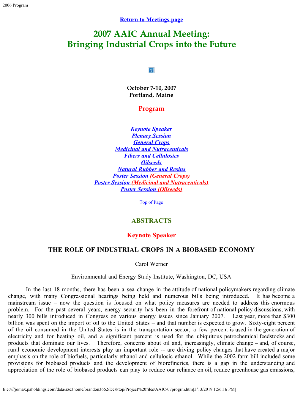 2007 AAIC Annual Meeting: Bringing Industrial Crops Into the Future