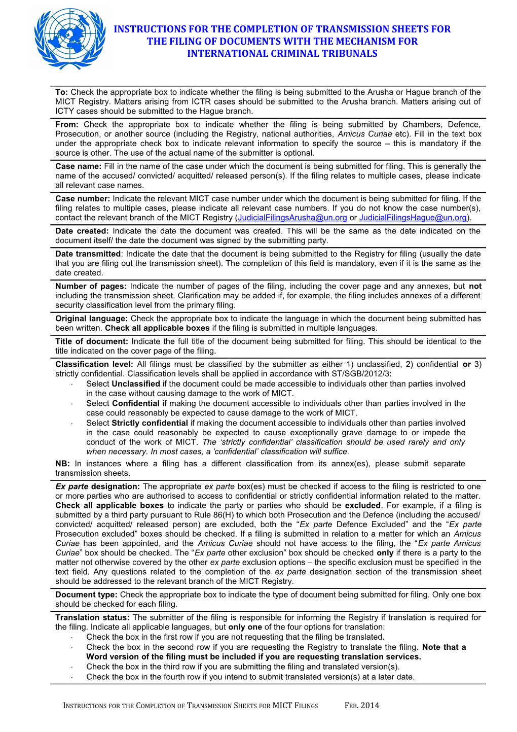 Instructions for the Completion of Transmission Sheets for MICT Filings Feb. 2014