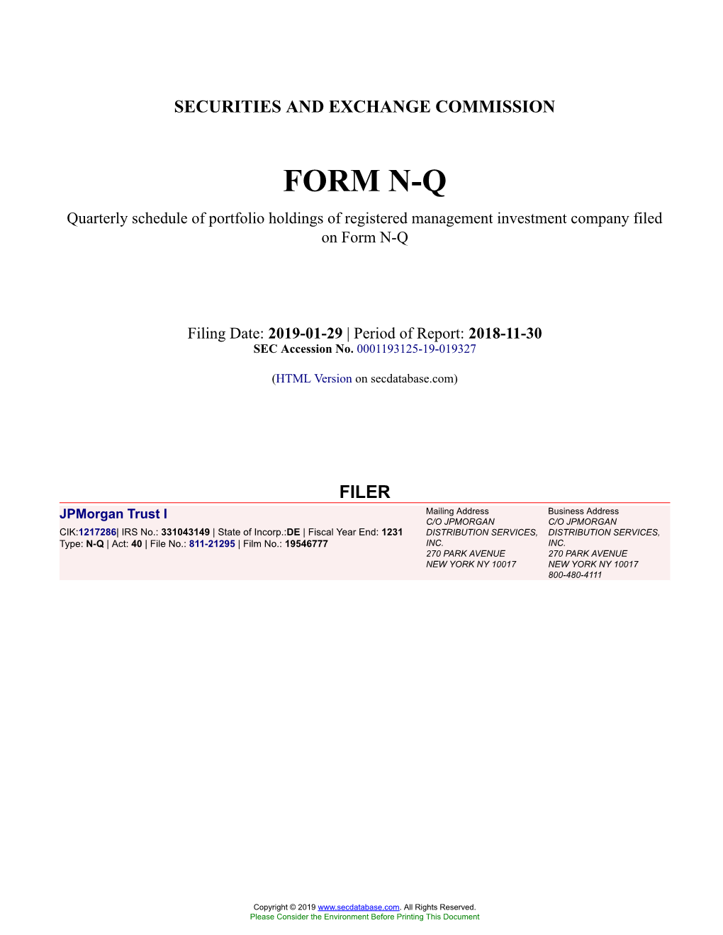 Jpmorgan Trust I Form N-Q Filed 2019-01-29