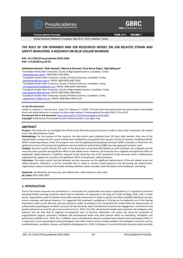 The Role of Job Demands and Job Resources Model on Job Related Strain and Safety Behaviors: a Research on Blue-Collar Workers