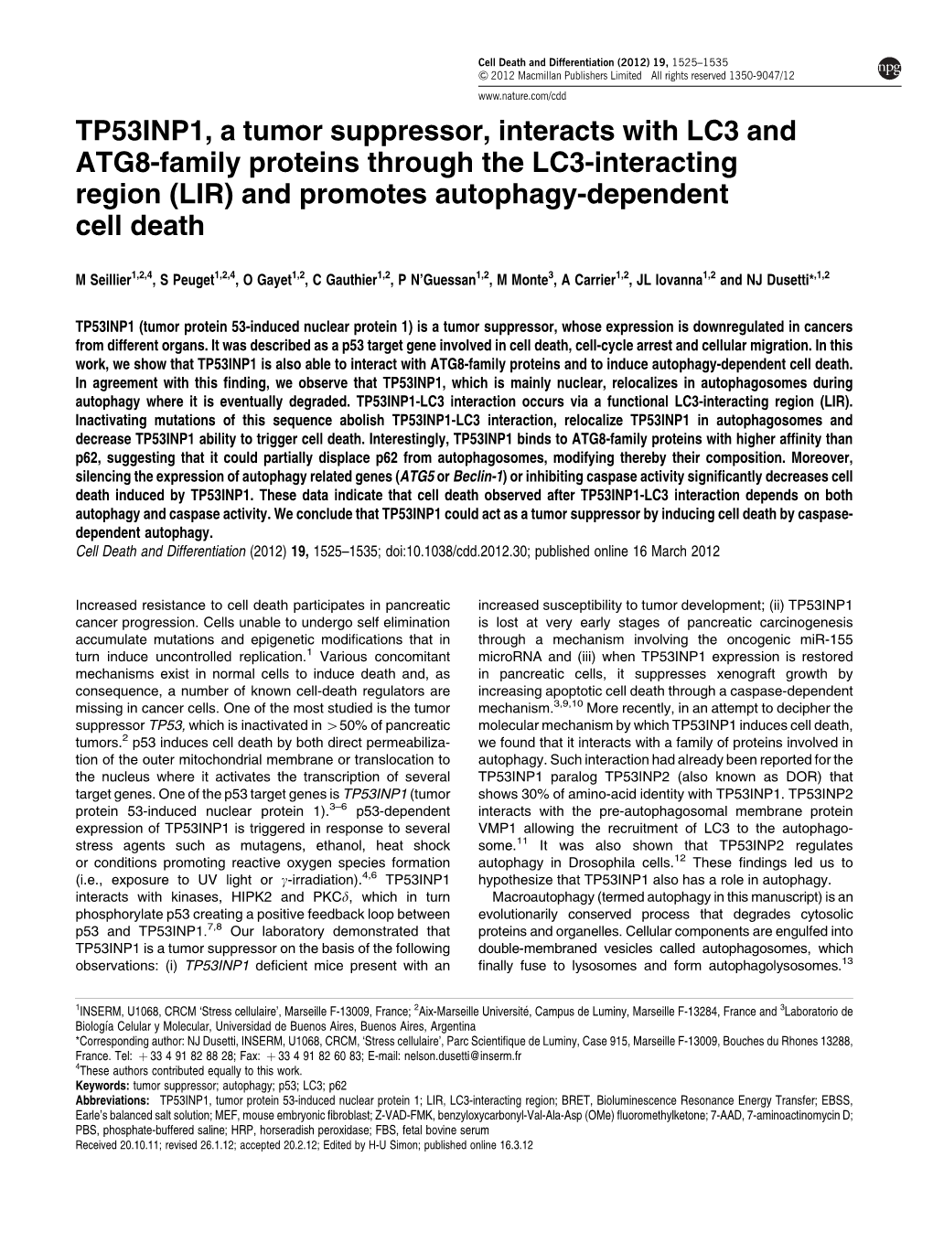 TP53INP1, a Tumor Suppressor, Interacts with LC3 and ATG8-Family Proteins Through the LC3-Interacting Region (LIR) and Promotes Autophagy-Dependent Cell Death