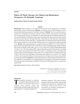 Effects of Music Therapy on Clinical and Biochemical Parameters of Metabolic Syndrome