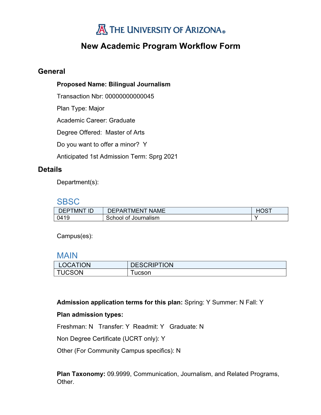 New Academic Program Workflow Form SBSC MAIN