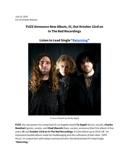 FUZZ Announce New Album, ​III​, out October 23Rd