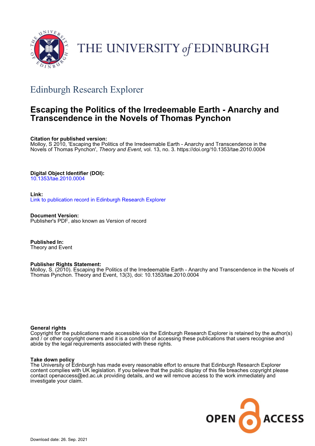 Anarchy and Transcendence in the Novels of Thomas Pynchon', Theory and Event, Vol