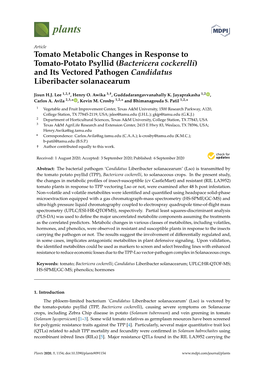Tomato Metabolic Changes in Response to Tomato-Potato Psyllid (Bactericera Cockerelli) and Its Vectored Pathogen Candidatus Liberibacter Solanacearum