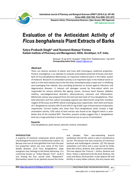 Evaluation of the Antioxidant Activity of Ficus Benghalensis Plant Extracts of Barks