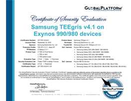 Certificate of Security Evaluation Samsung Teegris V4.1 on Exynos 990/980 Devices