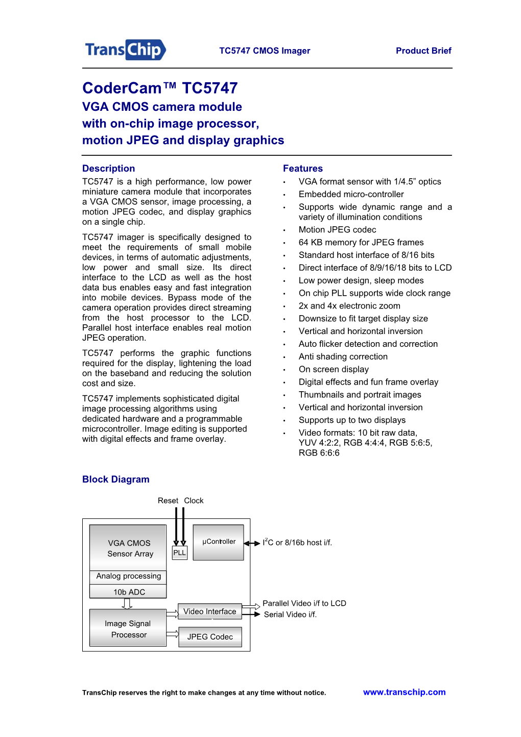 Transchip TC5747 Preliminary Product Brief