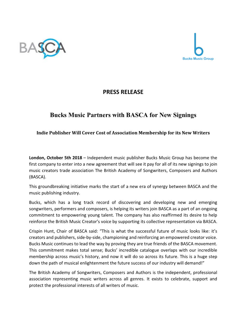 BASCA and Bucks Music Group Partner in New Signing Agreement