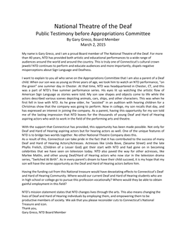 National Theatre of the Deaf Public Testimony Before Appropriations Committee by Gary Greco, Board Member March 2, 2015