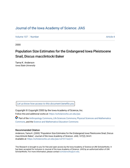 Population Size Estimates for the Endangered Iowa Pleistocene Snail, Discus Macclintocki Baker