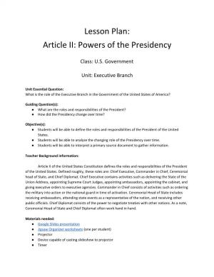 Lesson Plan: Article II: Powers of the Presidency