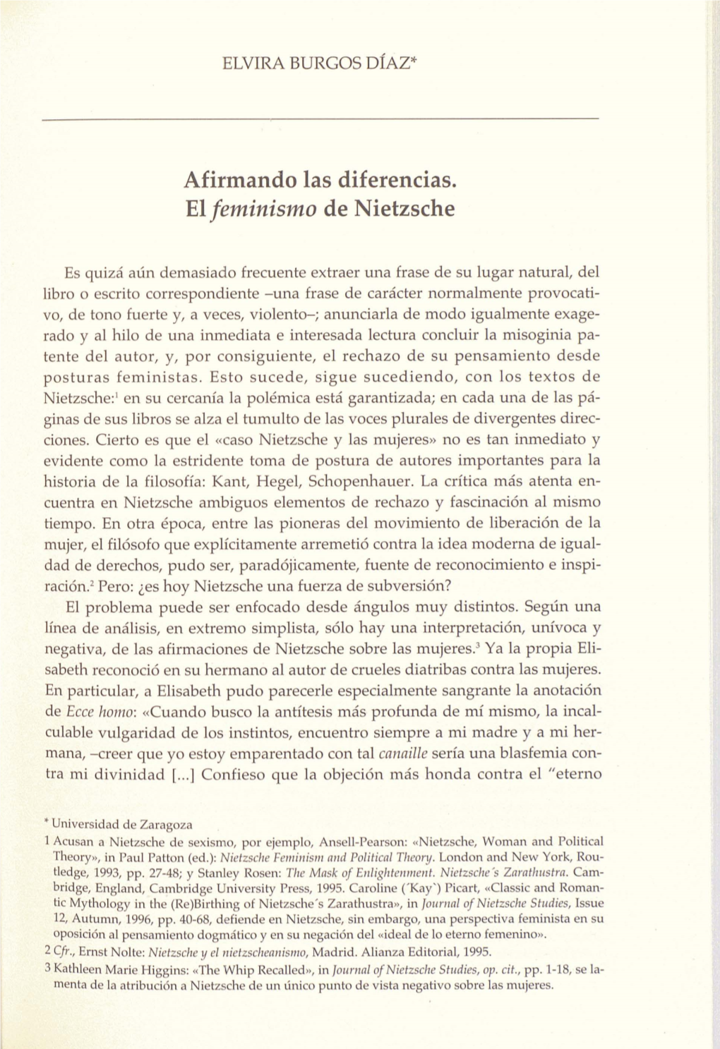 Afirmando Las Diferencias. El Feminismo De Nietzsche