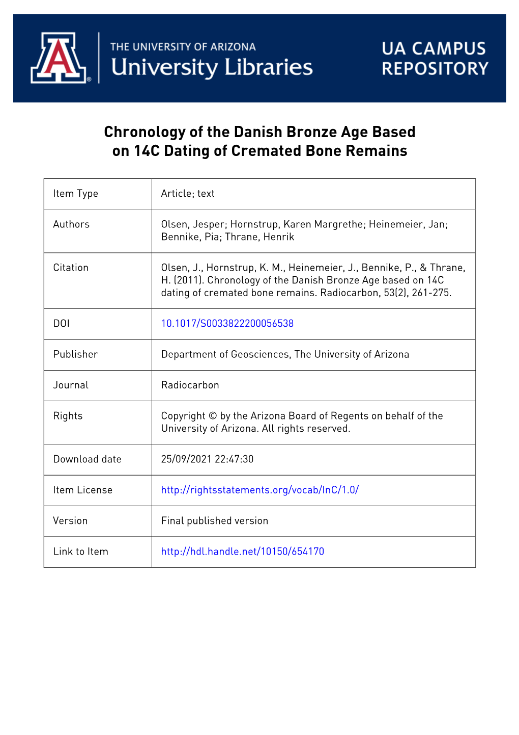 261 Chronology of the Danish Bronze Age Based on 14C