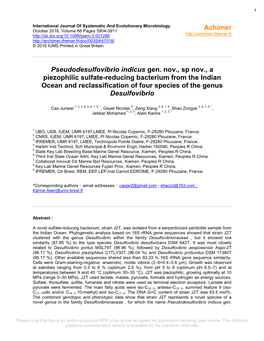Pseudodesulfovibrio Indicus Gen. Nov., Sp Nov., a Piezophilic Sulfate