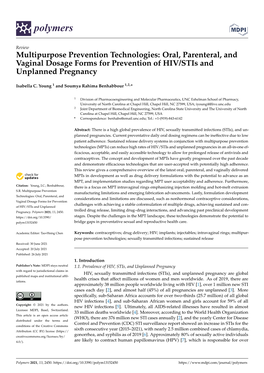 Oral, Parenteral, and Vaginal Dosage Forms for Prevention of HIV/Stis and Unplanned Pregnancy