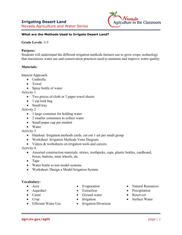 Irrigating Desert Land Nevada Agriculture and Water Series Grade Levels