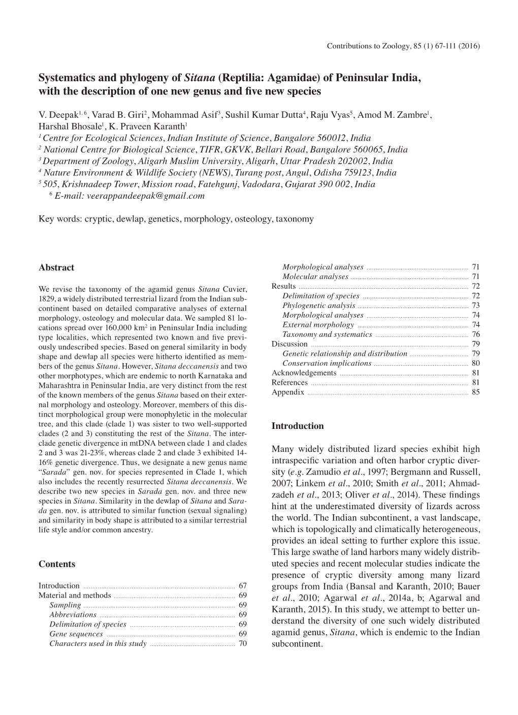 Systematics and Phylogeny of Sitana (Reptilia: Agamidae) of Peninsular India, with the Description of One New Genus and Five New Species