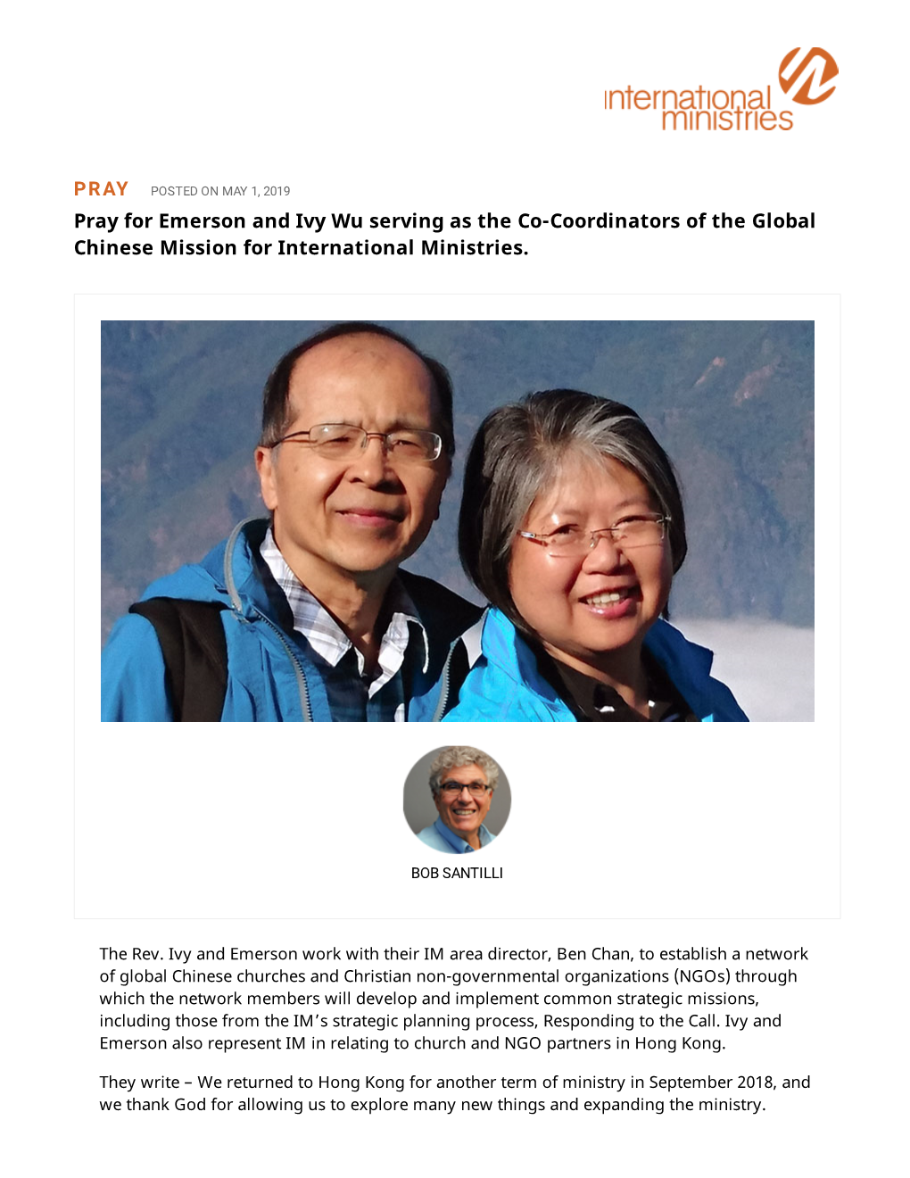 Pray for Emerson and Ivy Wu Serving As the Co-Coordinators of the Global Chinese Mission for International Ministries