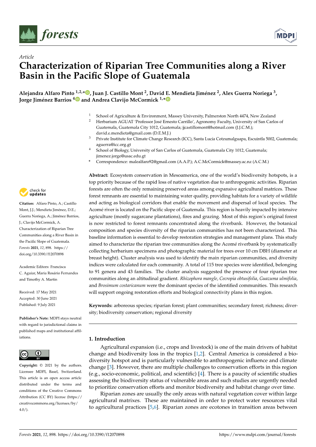 Characterization of Riparian Tree Communities Along a River Basin in the Paciﬁc Slope of Guatemala