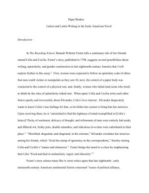 Paper Bodies: Letters and Letter-Writing in the Early American Novel Introduction in the Boarding School, Hannah Webster Foster